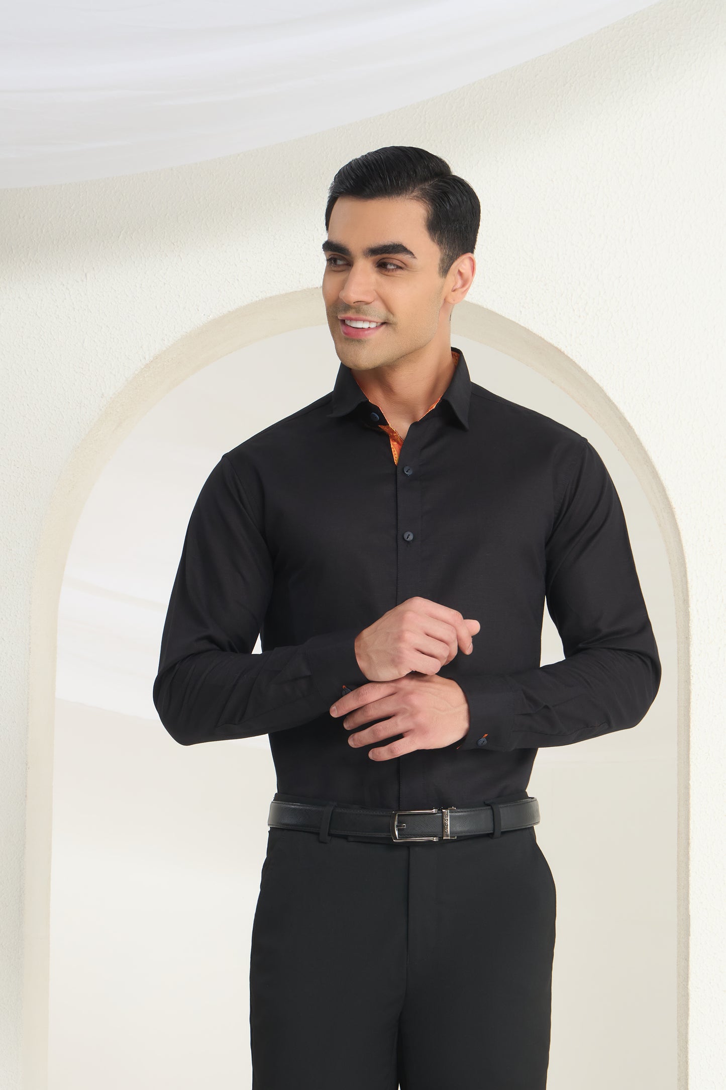Black Linen Shirt with Paisley Contrast Detailing for Men | INDYSLAY