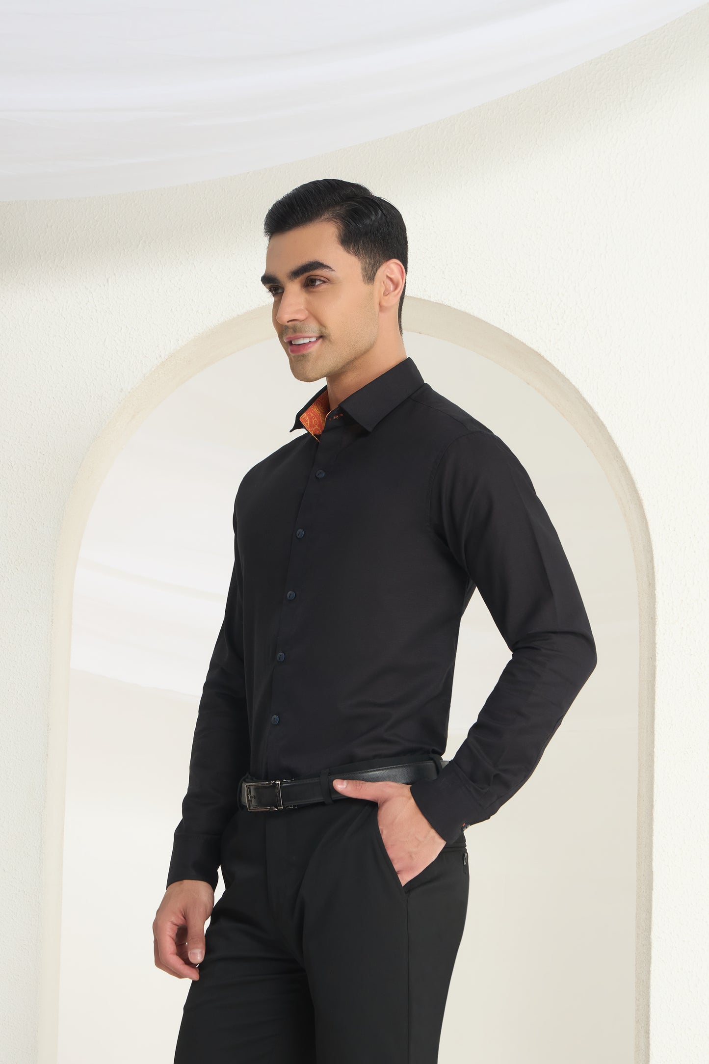 Black Linen Shirt with Paisley Contrast Detailing for Men | INDYSLAY