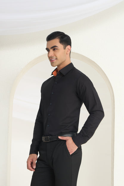 Black Linen Shirt with Paisley Contrast Detailing for Men | INDYSLAY