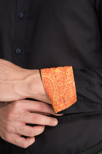 Black Linen Shirt with Paisley Contrast Detailing for Men | INDYSLAY