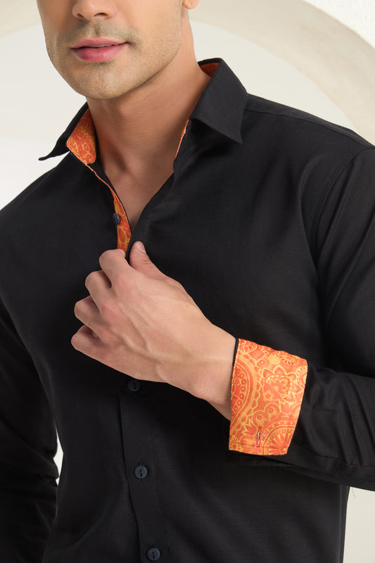 Black Linen Shirt with Paisley Contrast Detailing for Men | INDYSLAY