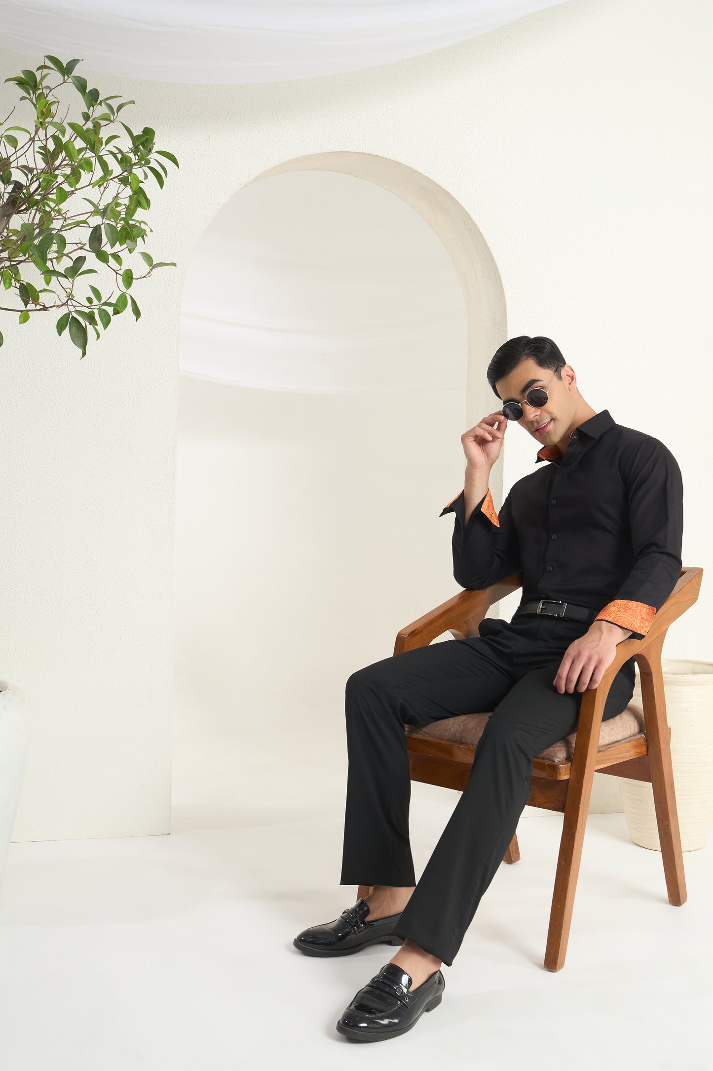 Black Linen Shirt with Paisley Contrast Detailing for Men | INDYSLAY