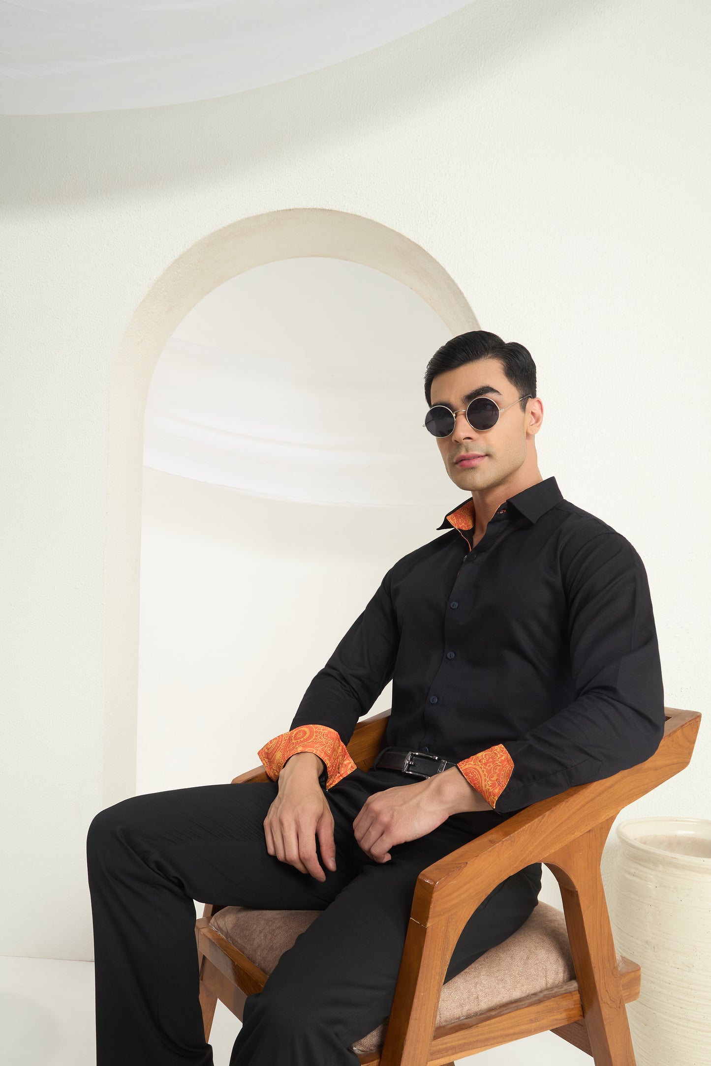 Black Linen Shirt with Paisley Contrast Detailing for Men | INDYSLAY