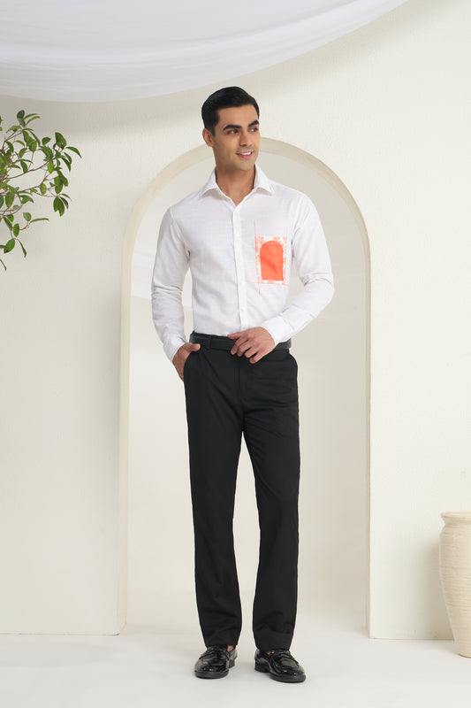 White Linen Shirt with Heritage Arch Pocket Print & Accent Stitch Detailing | INDYSLAY Limited Edition