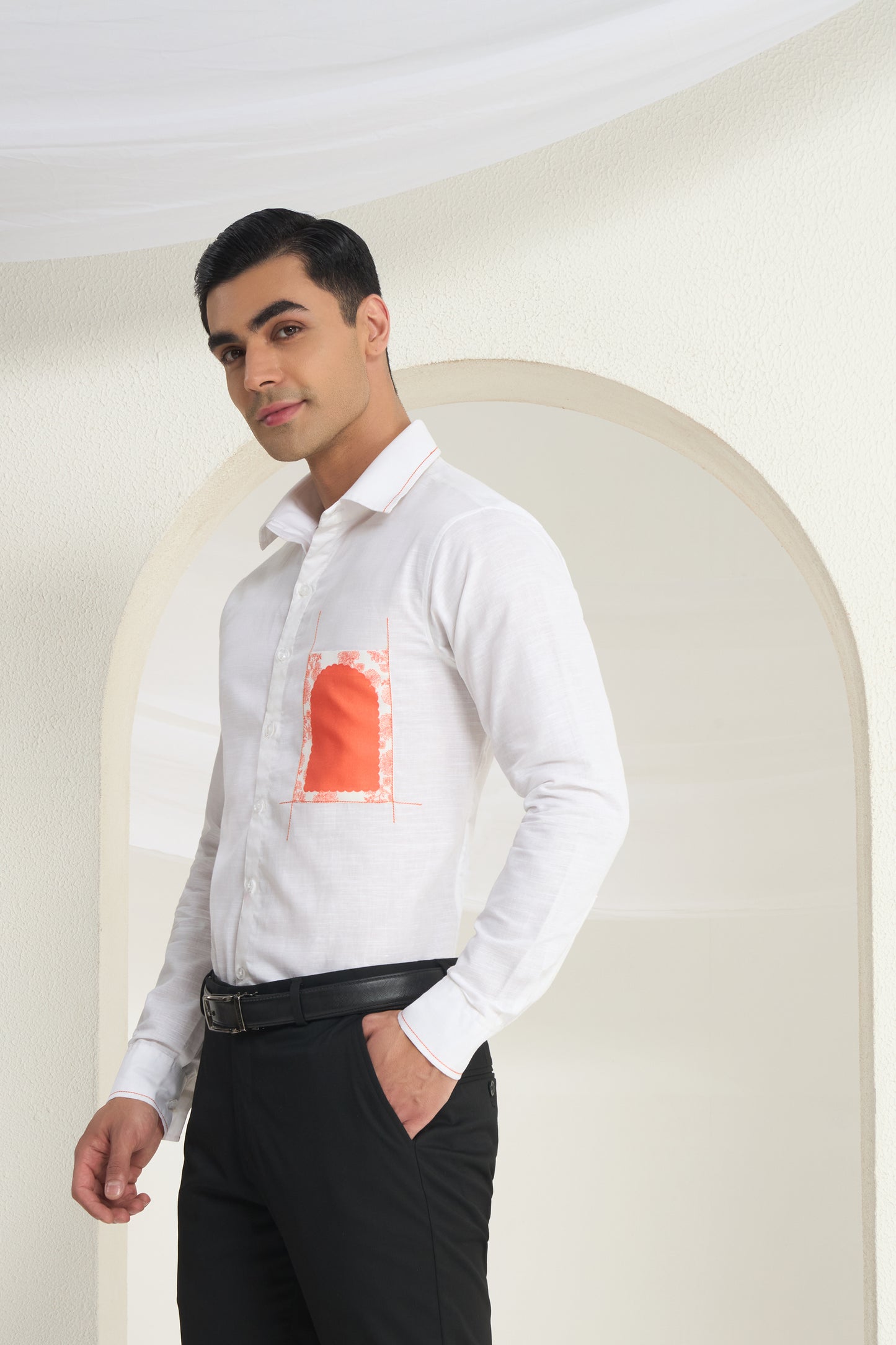 White Linen Shirt with Heritage Arch Pocket Print & Accent Stitch Detailing | INDYSLAY Limited Edition