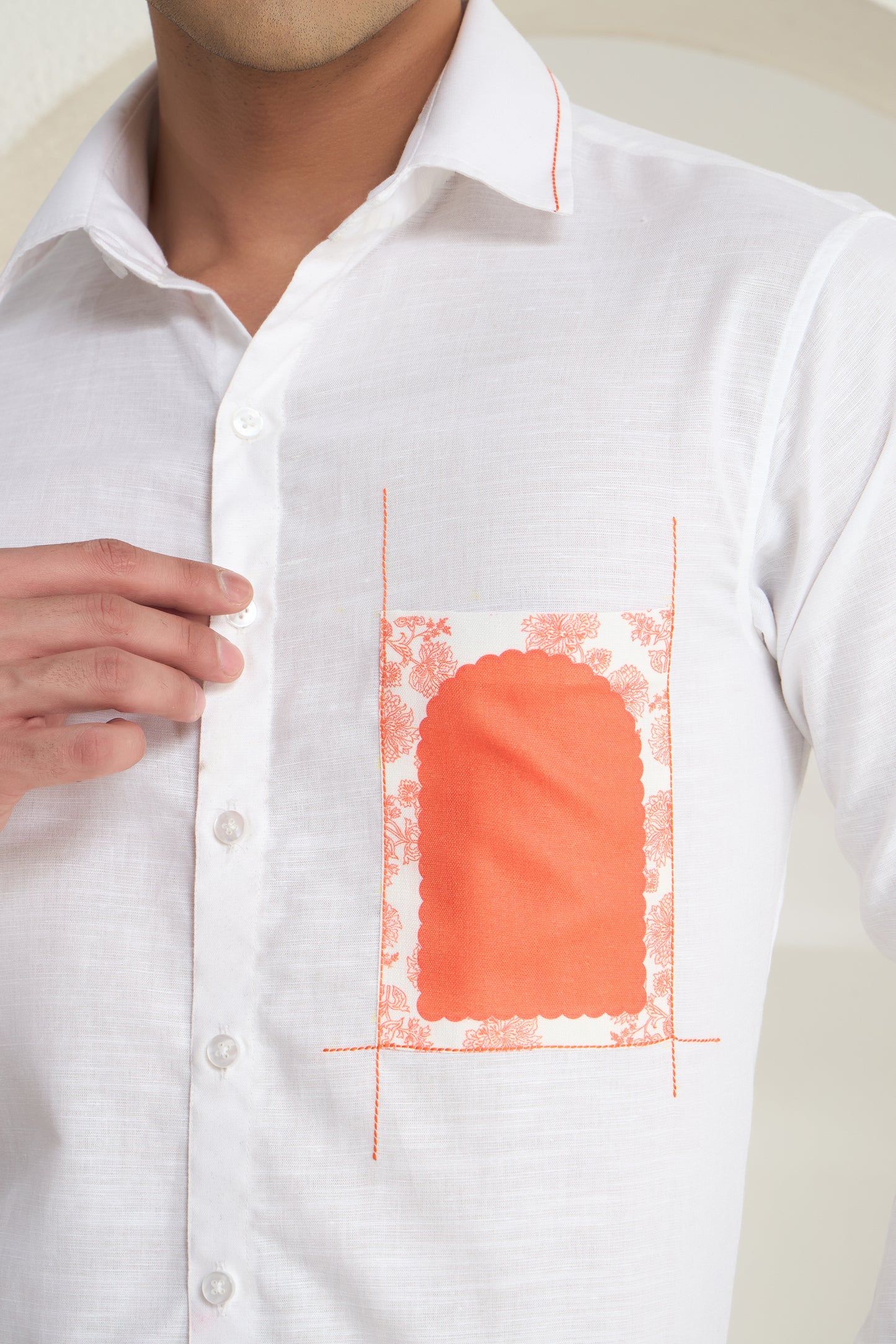 White Linen Shirt with Heritage Arch Pocket Print & Accent Stitch Detailing | INDYSLAY Limited Edition