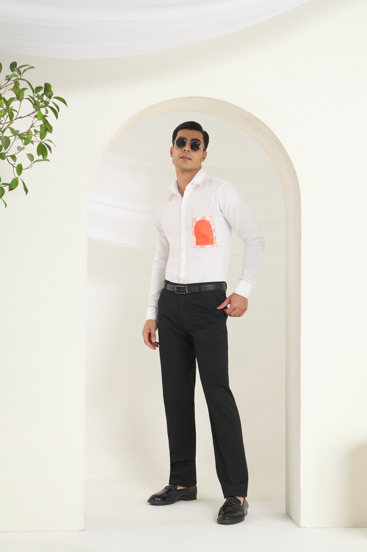 White Linen Shirt with Heritage Arch Pocket Print & Accent Stitch Detailing | INDYSLAY Limited Edition