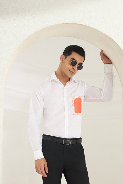 White Linen Shirt with Heritage Arch Pocket Print & Accent Stitch Detailing | INDYSLAY Limited Edition