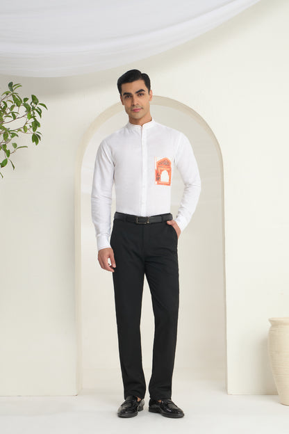 White Mandarin Collar Linen Shirt with Heritage Window Pocket Print | INDYSLAY Limited Edition