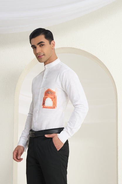 White Mandarin Collar Linen Shirt with Heritage Window Pocket Print | INDYSLAY Limited Edition
