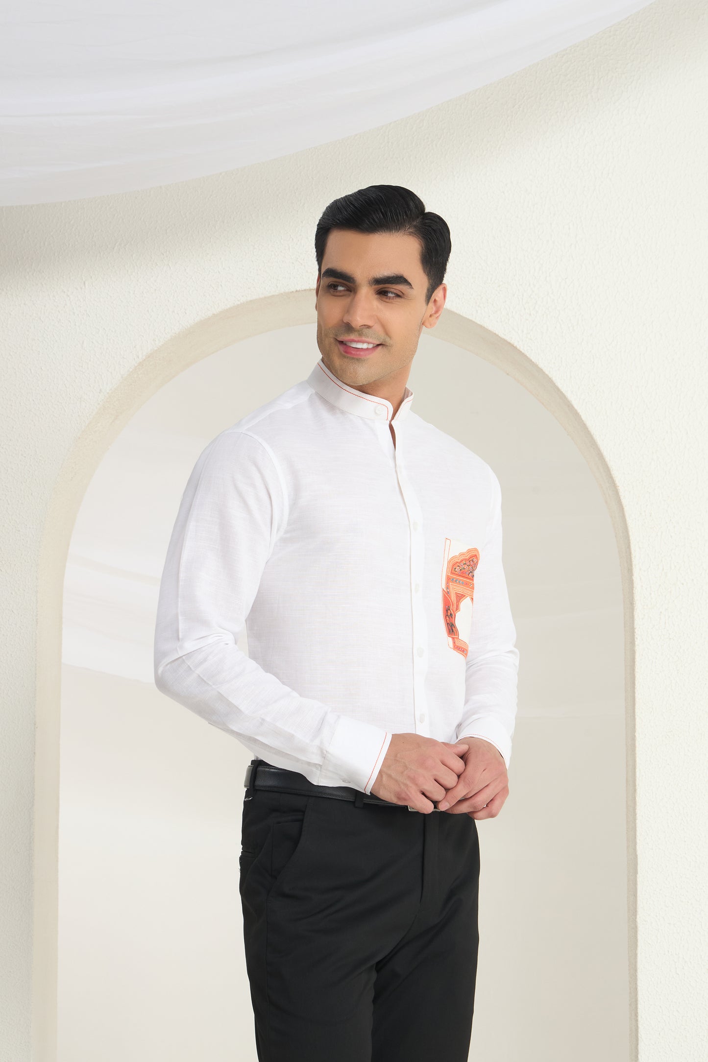 White Mandarin Collar Linen Shirt with Heritage Window Pocket Print | INDYSLAY Limited Edition