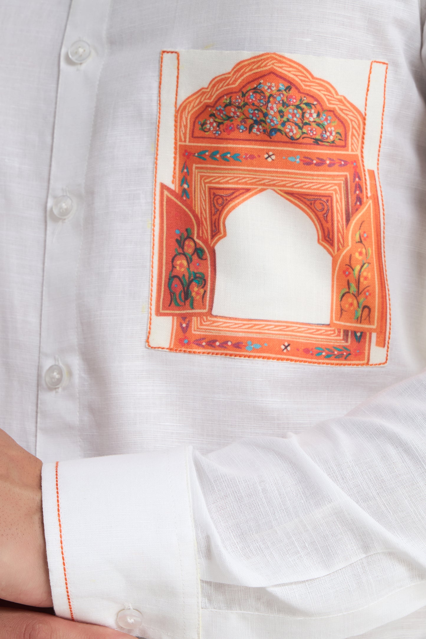 White Mandarin Collar Linen Shirt with Heritage Window Pocket Print | INDYSLAY Limited Edition