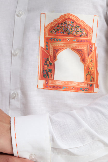 White Mandarin Collar Linen Shirt with Heritage Window Pocket Print | INDYSLAY Limited Edition