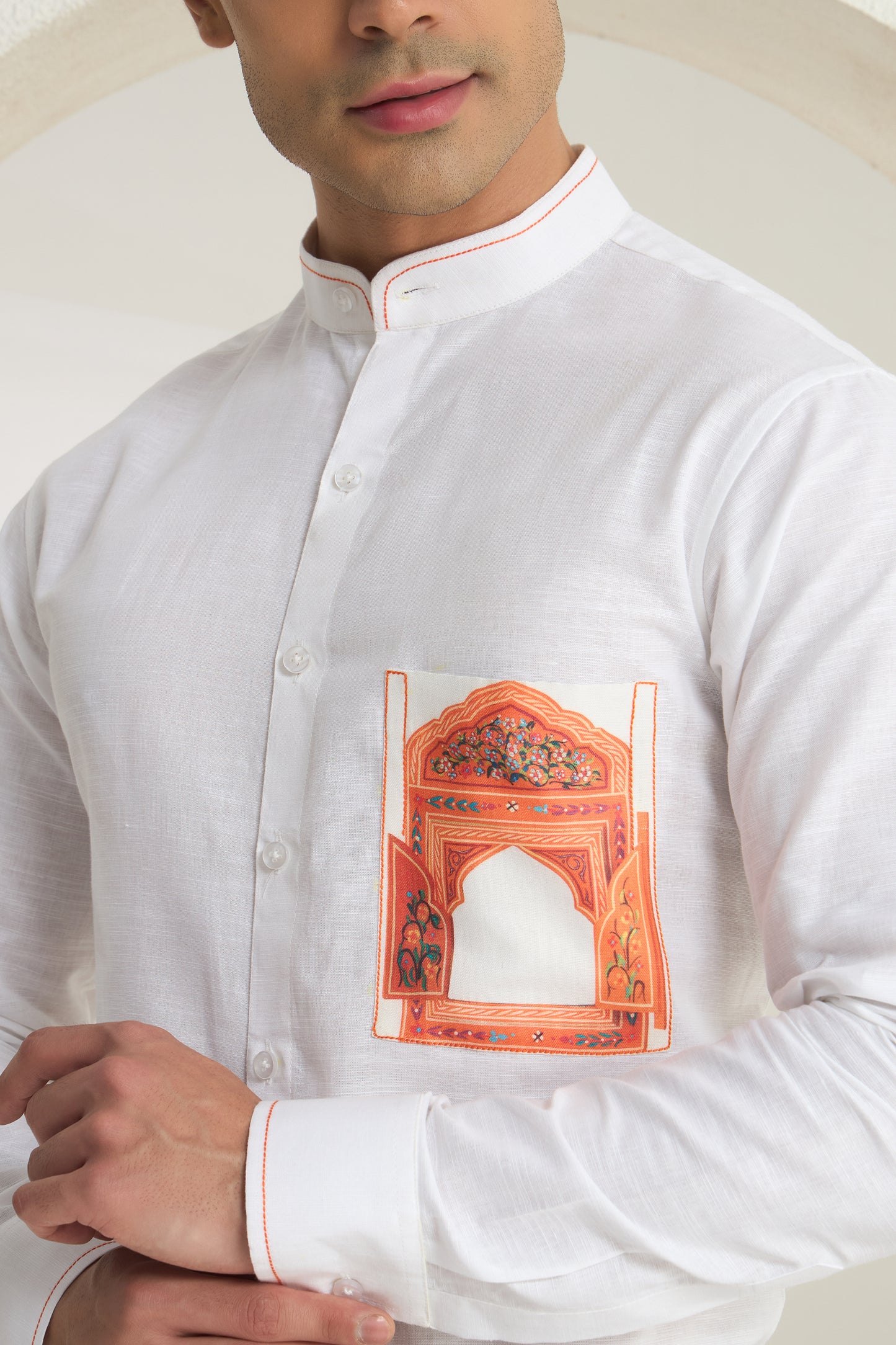 White Mandarin Collar Linen Shirt with Heritage Window Pocket Print | INDYSLAY Limited Edition