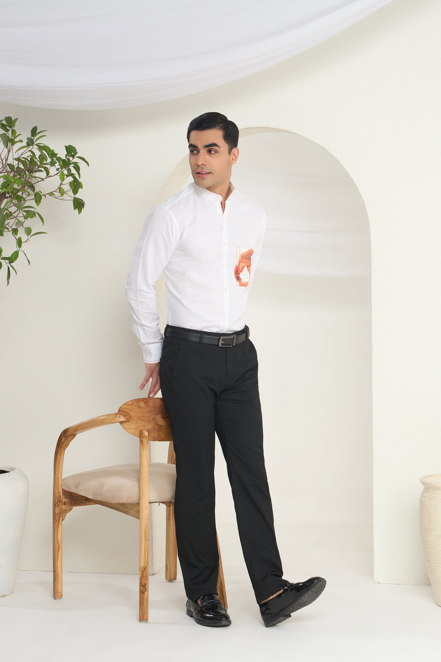 White Mandarin Collar Linen Shirt with Heritage Window Pocket Print | INDYSLAY Limited Edition