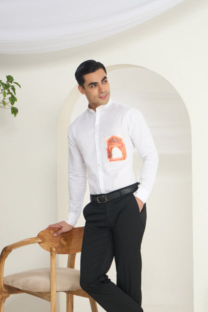 White Mandarin Collar Linen Shirt with Heritage Window Pocket Print | INDYSLAY Limited Edition