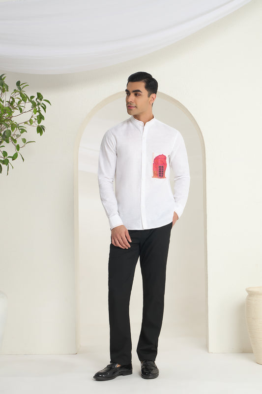 White Mandarin Collar Linen Shirt with Heritage Window Pocket Print | INDYSLAY Limited Edition