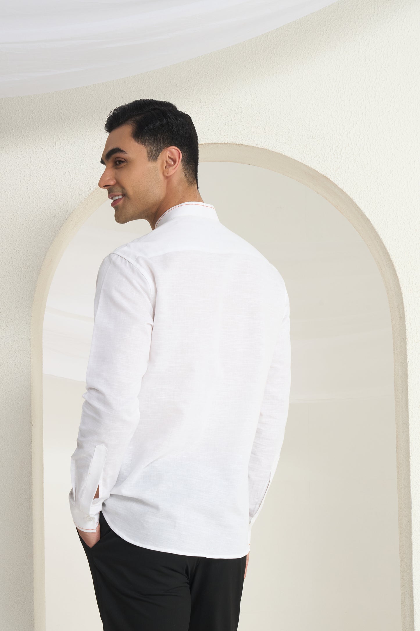 White Mandarin Collar Linen Shirt with Heritage Window Pocket Print | INDYSLAY Limited Edition