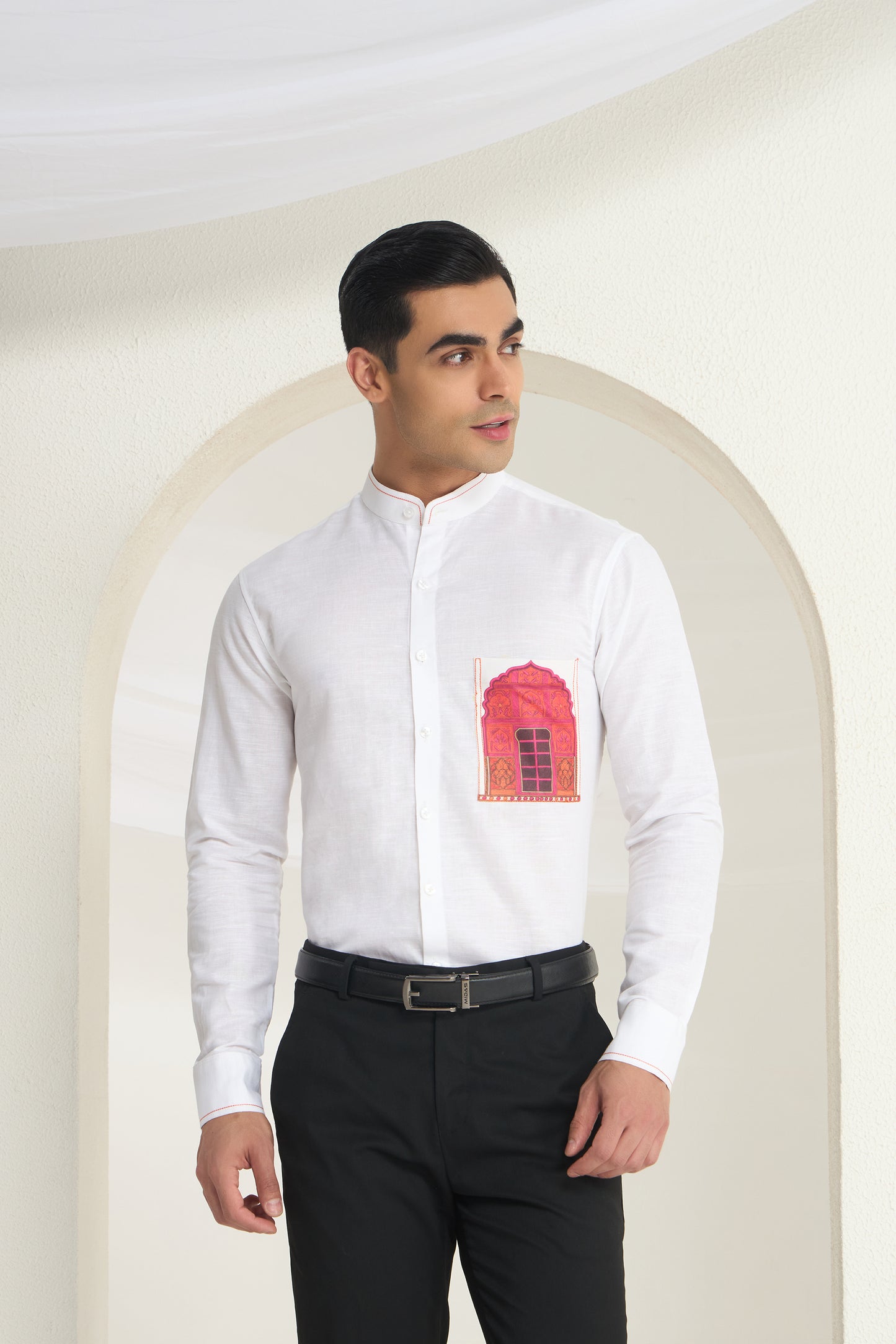 White Mandarin Collar Linen Shirt with Heritage Window Pocket Print | INDYSLAY Limited Edition