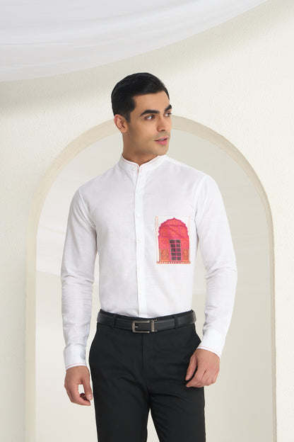 White Mandarin Collar Linen Shirt with Heritage Window Pocket Print | INDYSLAY Limited Edition