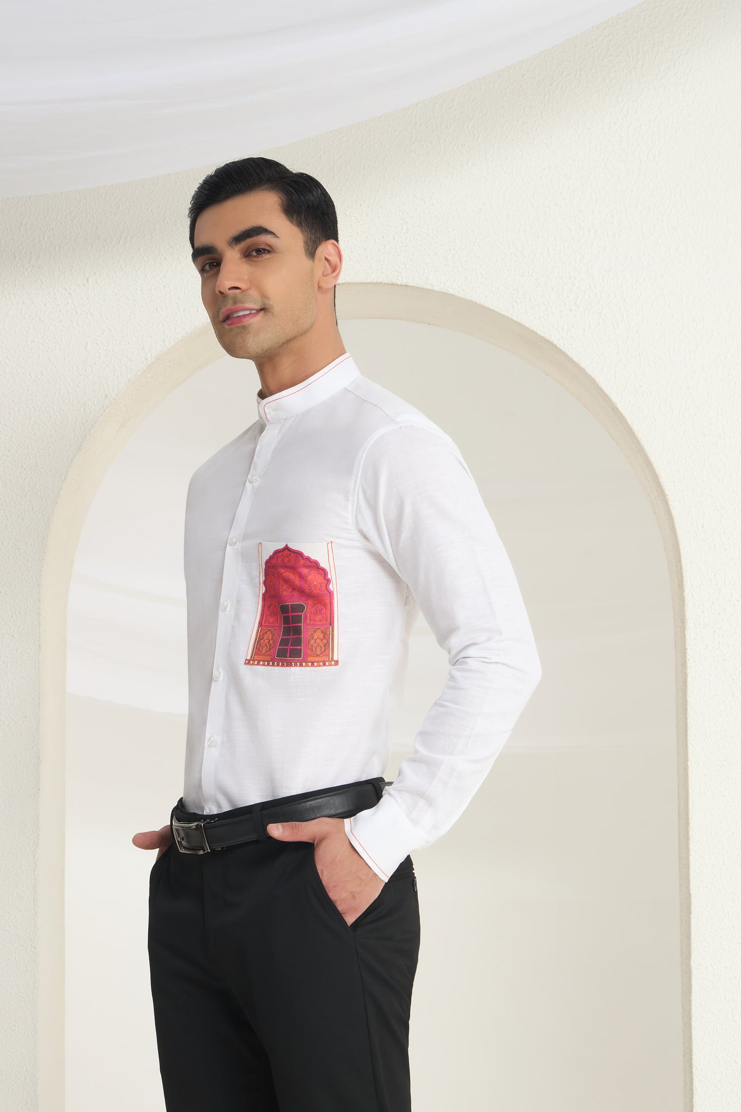 White Mandarin Collar Linen Shirt with Heritage Window Pocket Print | INDYSLAY Limited Edition