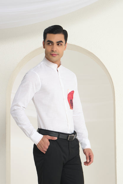White Mandarin Collar Linen Shirt with Heritage Window Pocket Print | INDYSLAY Limited Edition