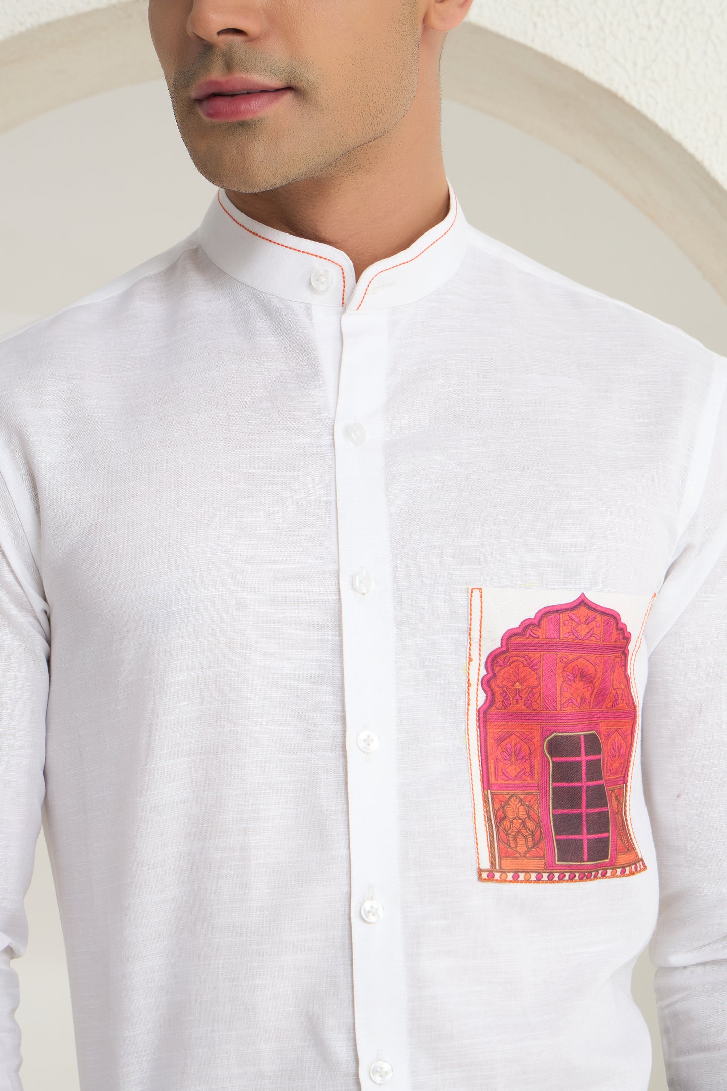 White Mandarin Collar Linen Shirt with Heritage Window Pocket Print | INDYSLAY Limited Edition