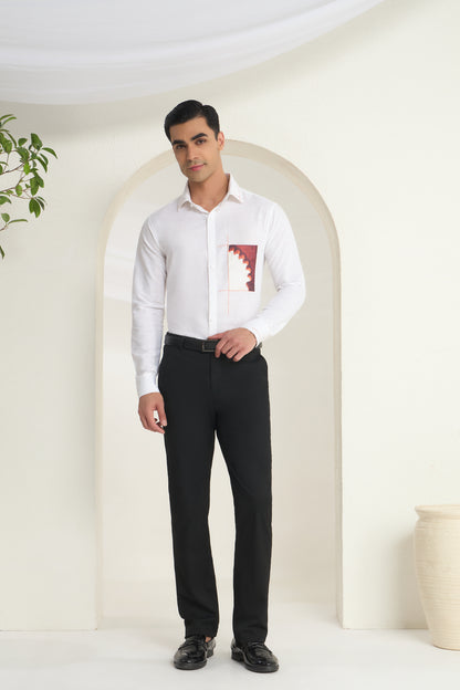White Linen Shirt with Heritage Arch Print Pocket Detail | INDYSLAY