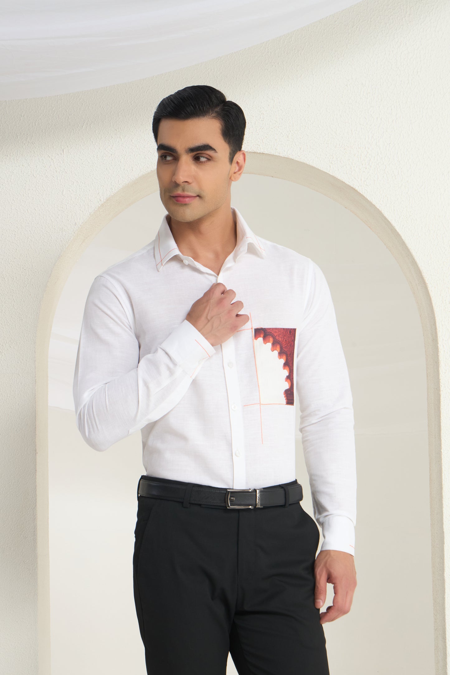 White Linen Shirt with Heritage Arch Print Pocket Detail | INDYSLAY