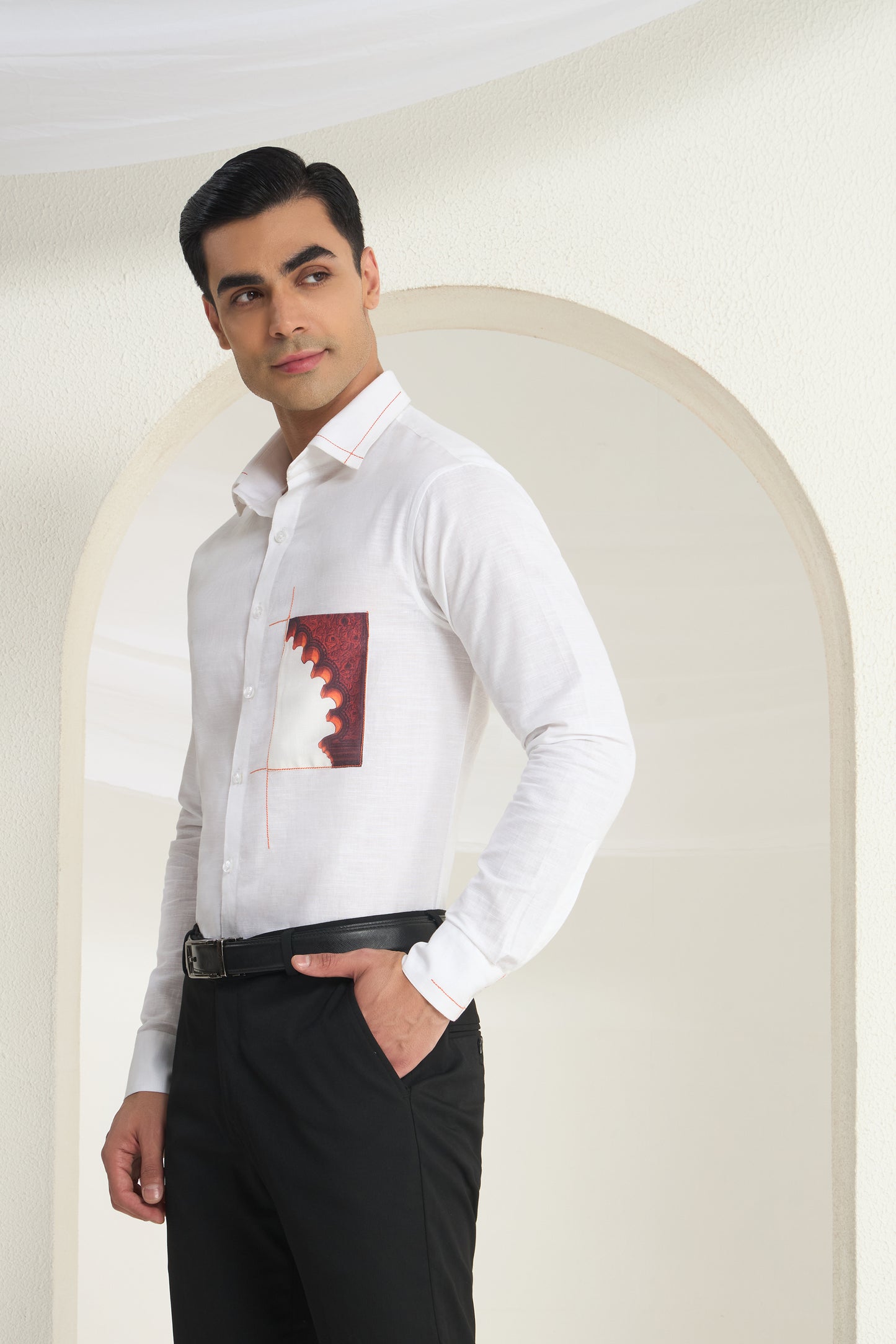 White Linen Shirt with Heritage Arch Print Pocket Detail | INDYSLAY