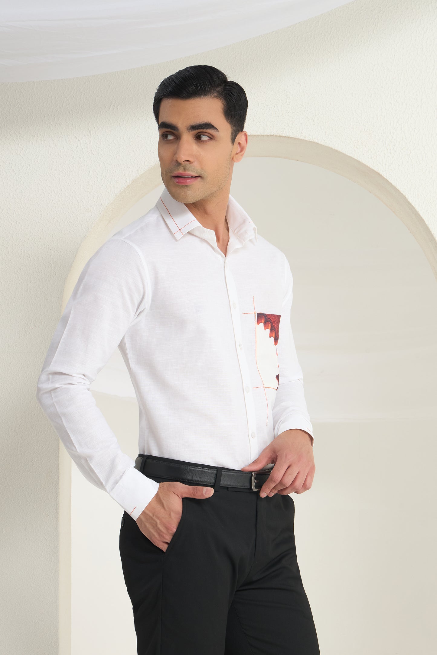 White Linen Shirt with Heritage Arch Print Pocket Detail | INDYSLAY