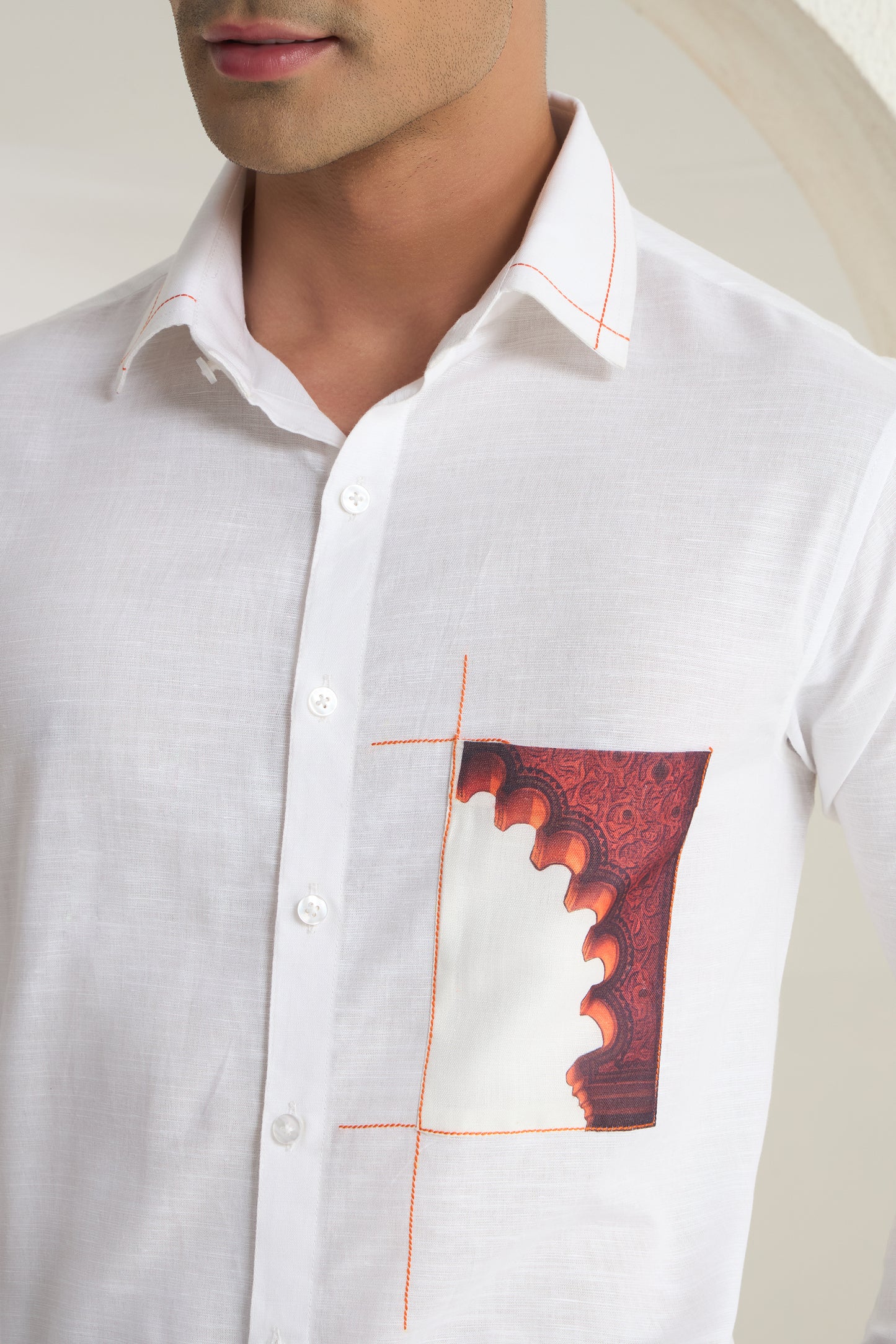 White Linen Shirt with Heritage Arch Print Pocket Detail | INDYSLAY