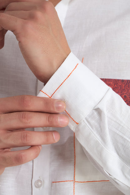 White Linen Shirt with Heritage Arch Print Pocket Detail | INDYSLAY