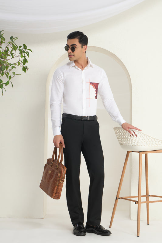 White Linen Shirt with Heritage Arch Print Pocket Detail | INDYSLAY