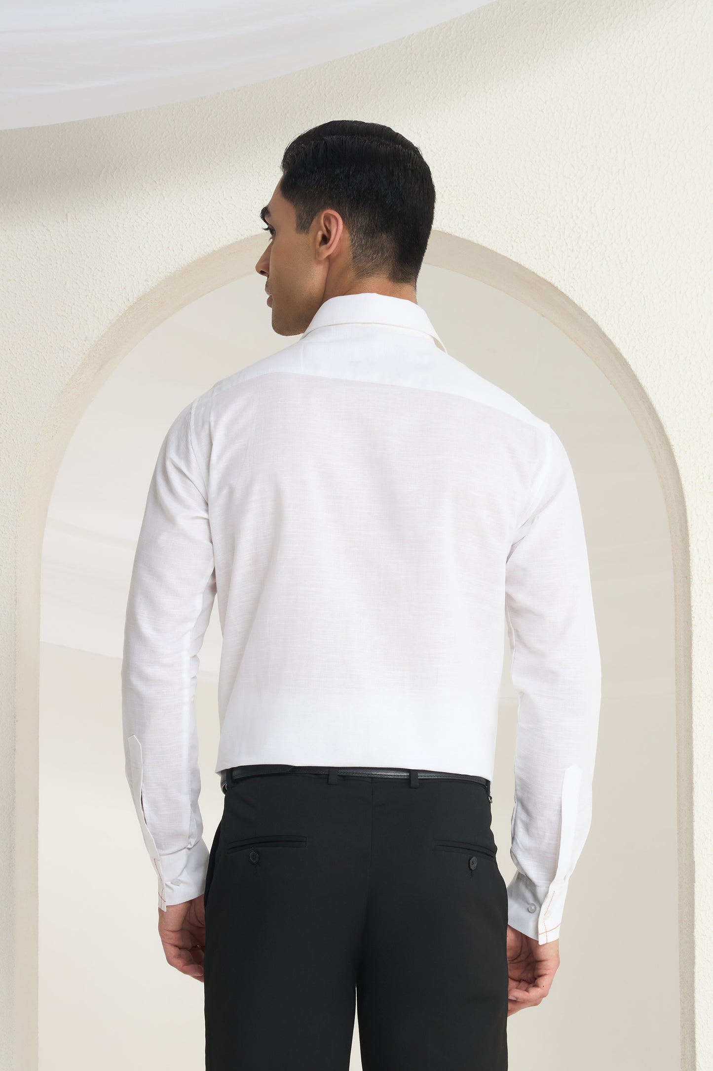 White Linen Shirt with Heritage Full Arch Print Pocket Detail | INDYSLAY Limited Edition