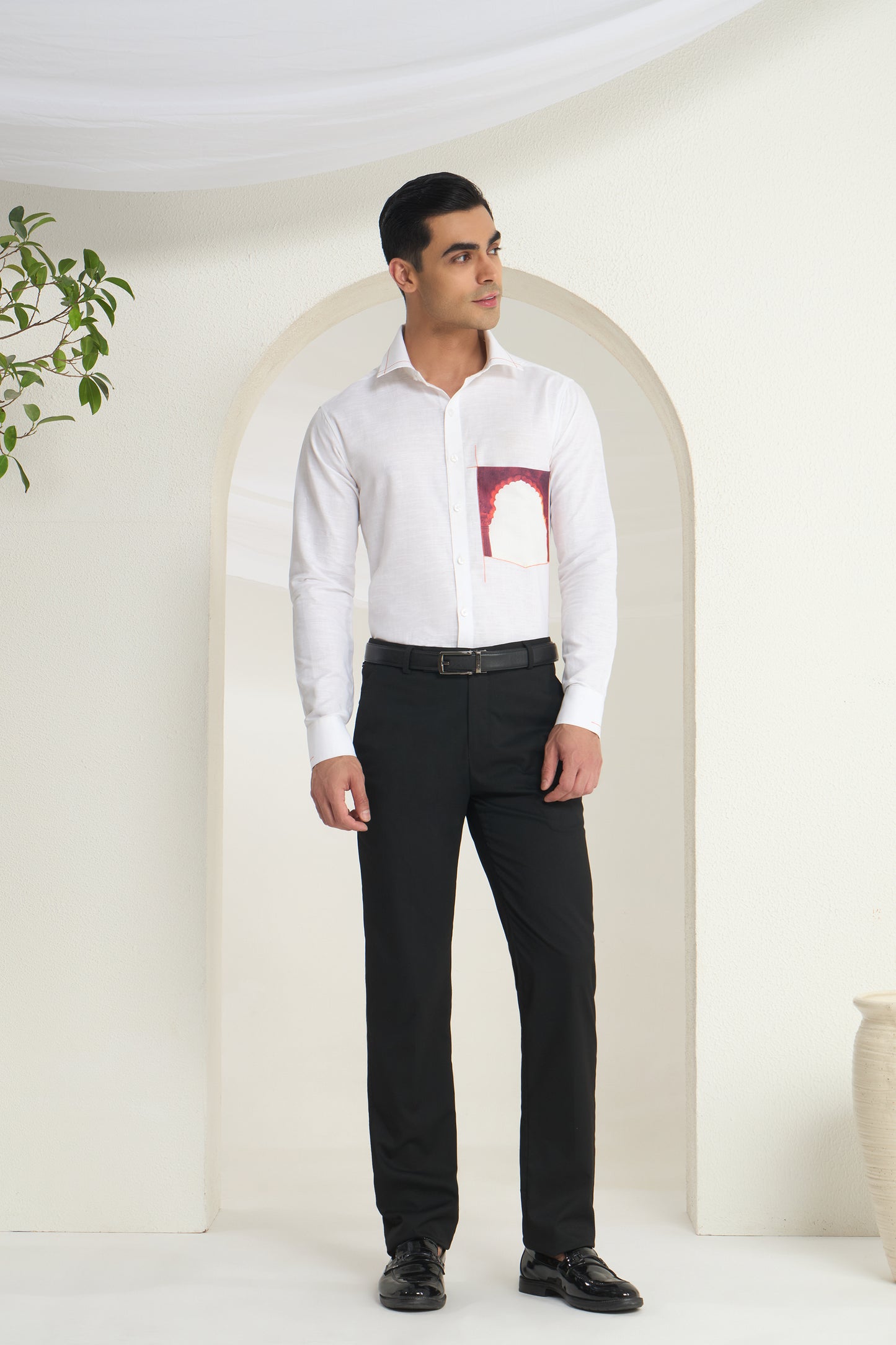 White Linen Shirt with Heritage Full Arch Print Pocket Detail | INDYSLAY Limited Edition