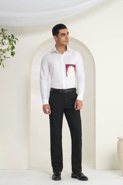 White Linen Shirt with Heritage Full Arch Print Pocket Detail | INDYSLAY Limited Edition