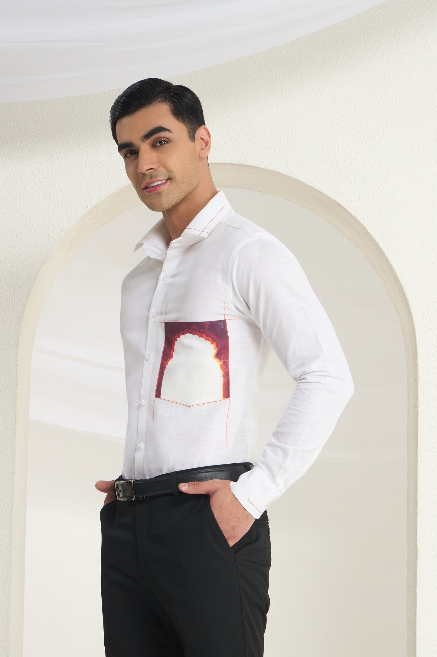 White Linen Shirt with Heritage Full Arch Print Pocket Detail | INDYSLAY Limited Edition