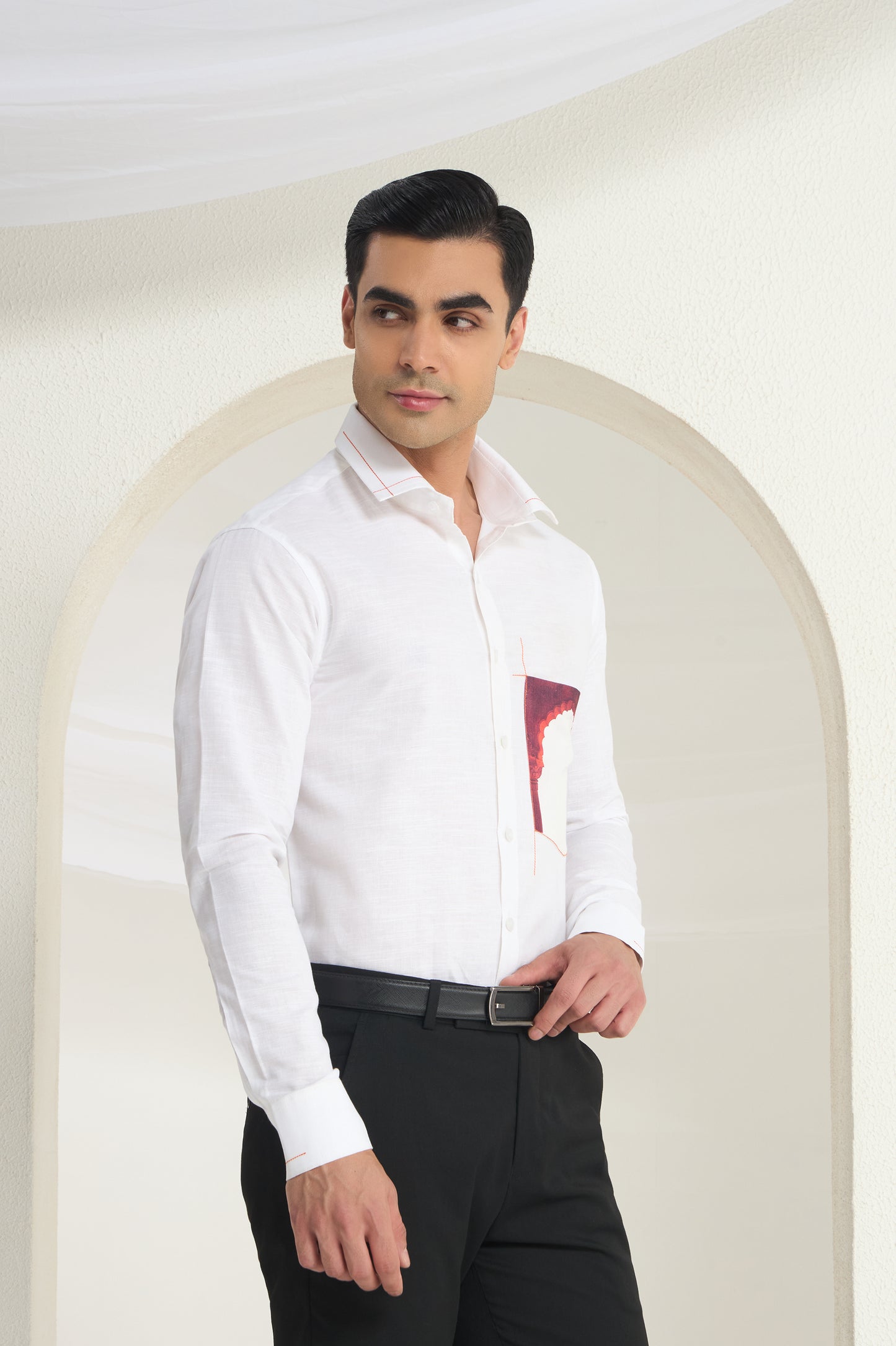 White Linen Shirt with Heritage Full Arch Print Pocket Detail | INDYSLAY Limited Edition