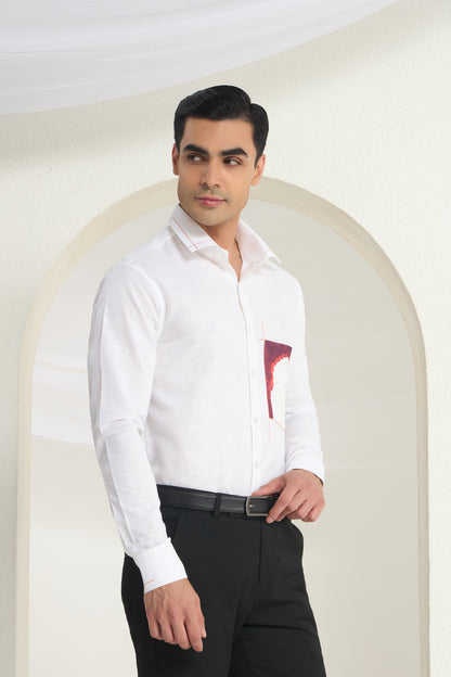 White Linen Shirt with Heritage Full Arch Print Pocket Detail | INDYSLAY Limited Edition