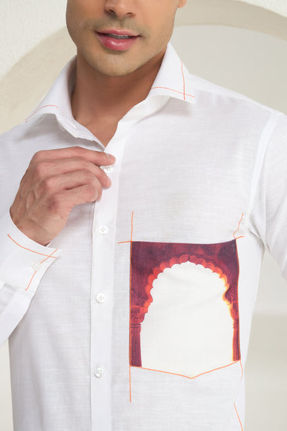 White Linen Shirt with Heritage Full Arch Print Pocket Detail | INDYSLAY Limited Edition