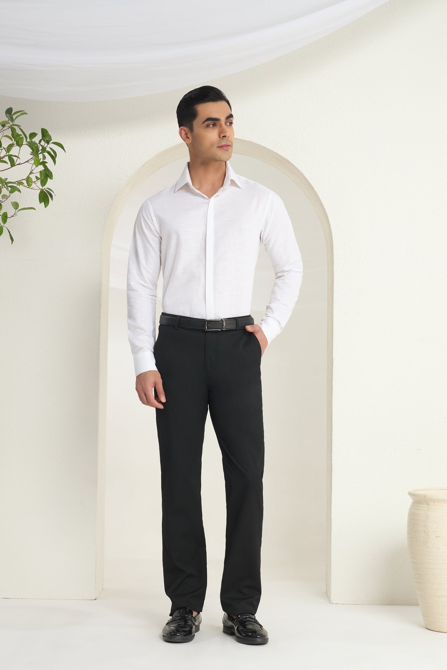 Men’s White Linen Shirt with Minimal Collar & Cuff Detailing | INDYSLAY