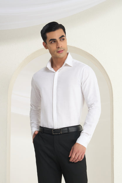 Men’s White Linen Shirt with Minimal Collar & Cuff Detailing | INDYSLAY