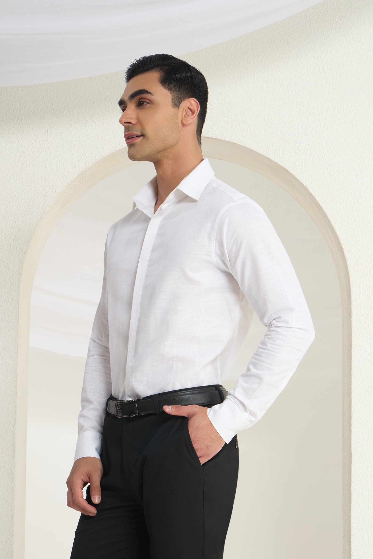 Men’s White Linen Shirt with Minimal Collar & Cuff Detailing | INDYSLAY
