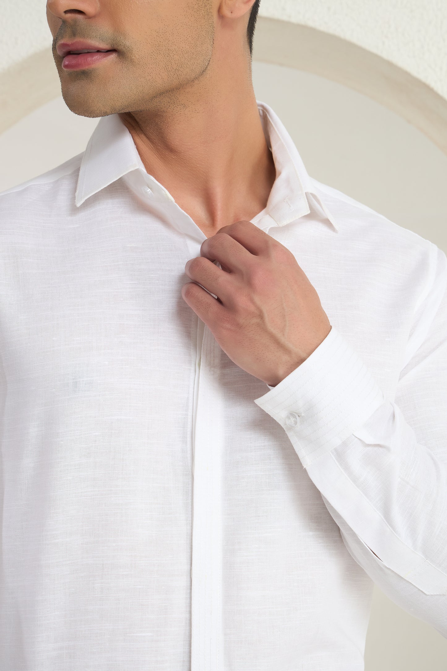 Men’s White Linen Shirt with Minimal Collar & Cuff Detailing | INDYSLAY