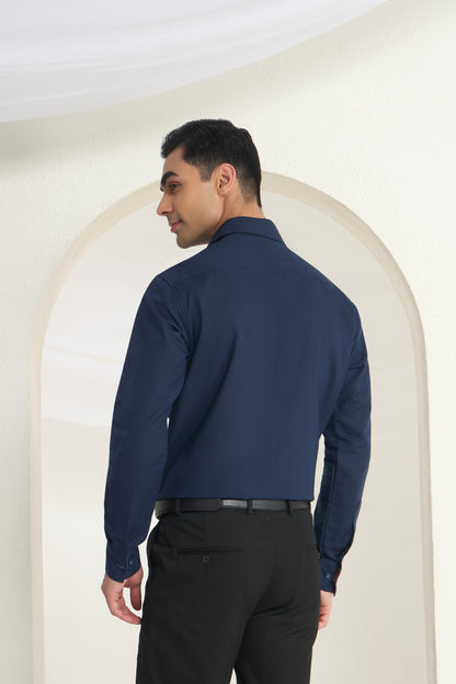 Men’s Navy Blue Linen Shirt with Contrast Inner Collar & Cuff Detailing | INDYSLAY