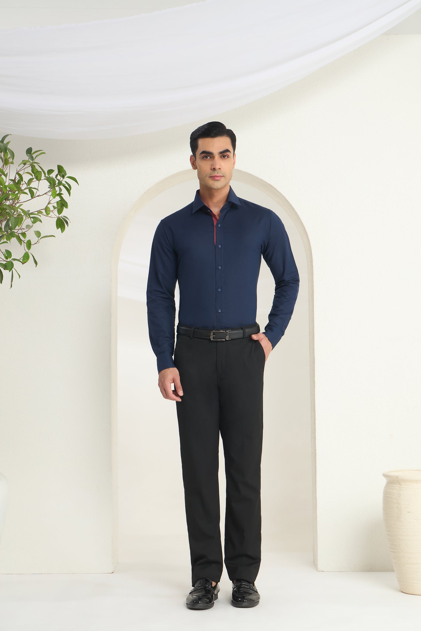 Men’s Navy Blue Linen Shirt with Contrast Inner Collar & Cuff Detailing | INDYSLAY