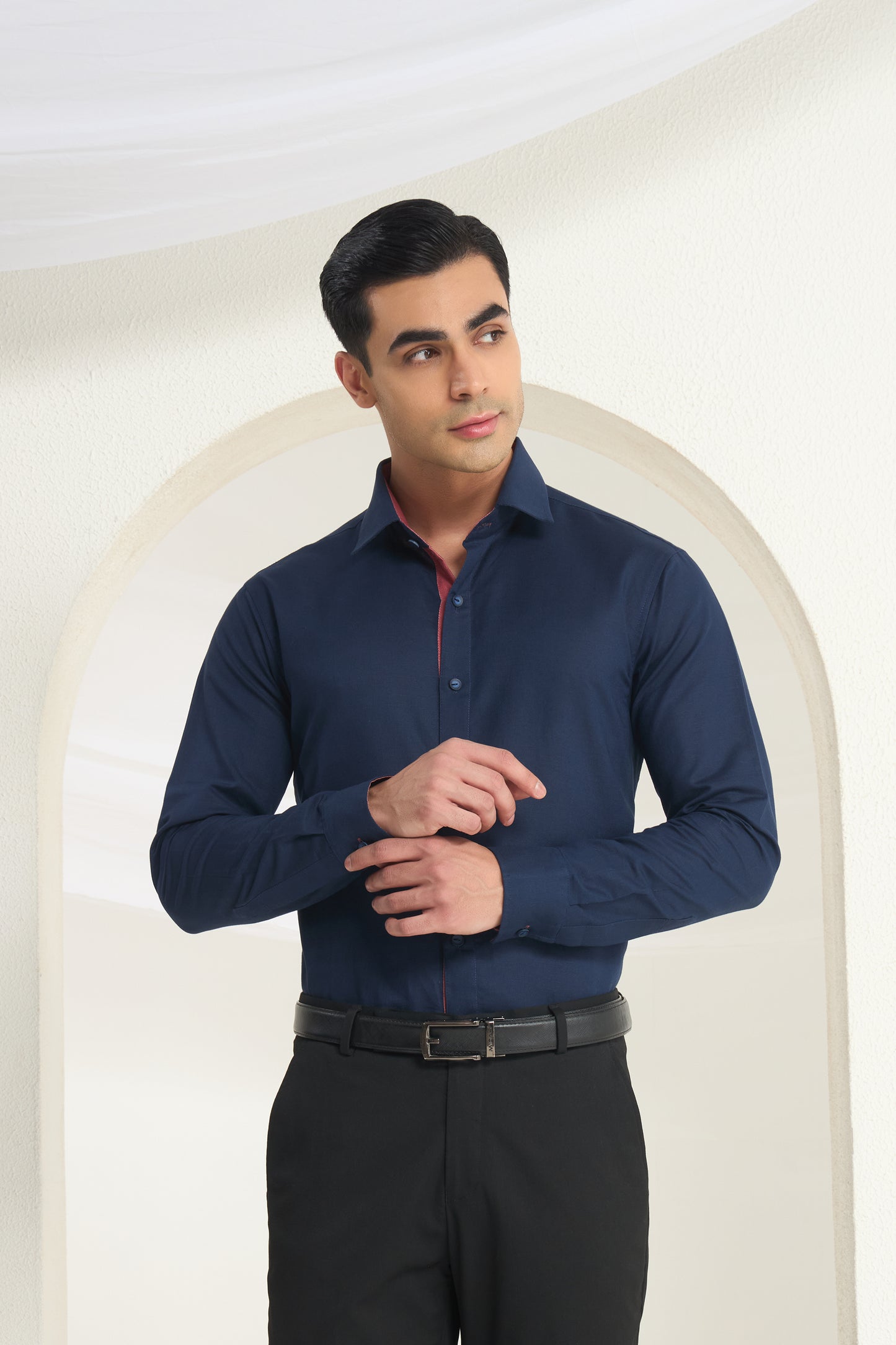 Men’s Navy Blue Linen Shirt with Contrast Inner Collar & Cuff Detailing | INDYSLAY