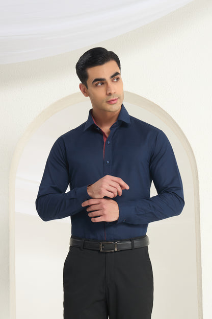 Men’s Navy Blue Linen Shirt with Contrast Inner Collar & Cuff Detailing | INDYSLAY