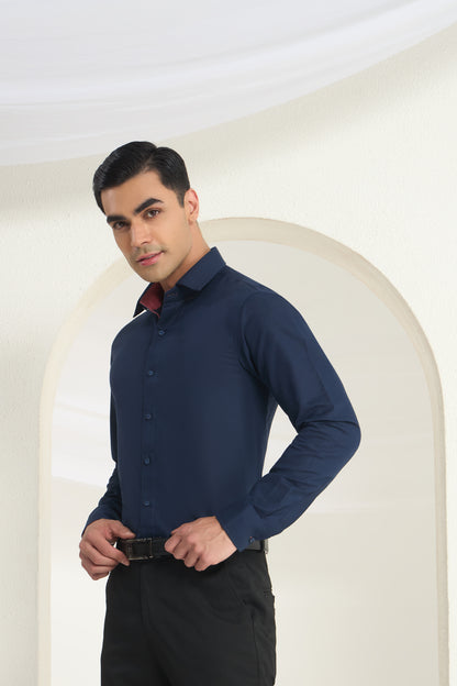 Men’s Navy Blue Linen Shirt with Contrast Inner Collar & Cuff Detailing | INDYSLAY